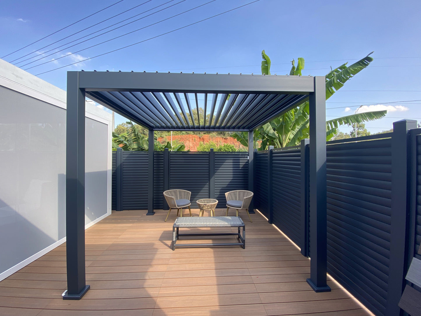 Louvered Pergola system with open close roof