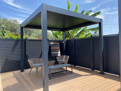 Free-standing louvered pergola in grey